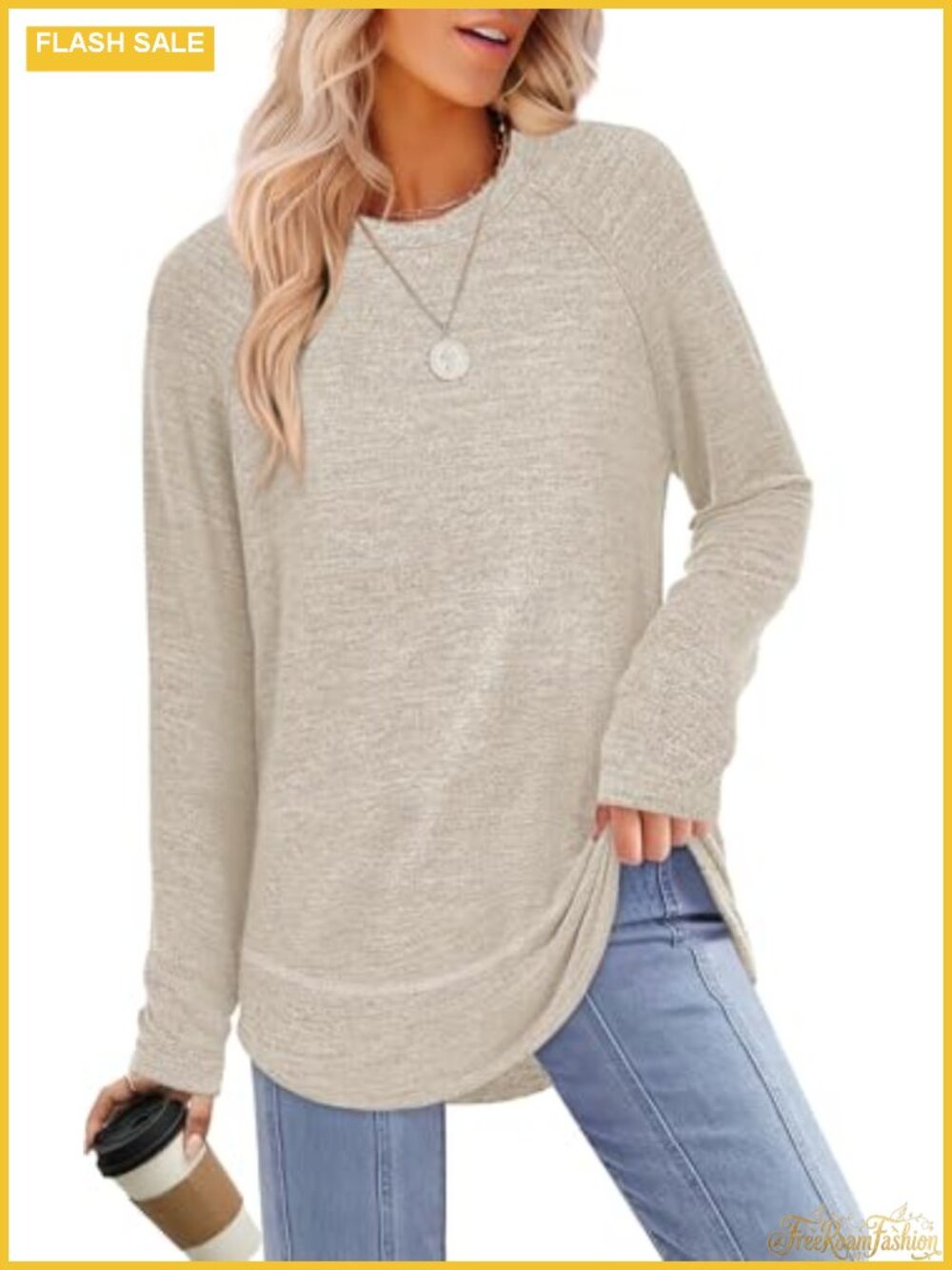 Long Sleeve Tunic Top Loose Fit Crew Neck Pullover Blouse